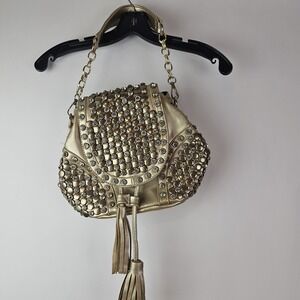 Gold & Rhinestone Satchel Handbag Purse Shoulder Bag Heavy‎ Glam Leather Vegas